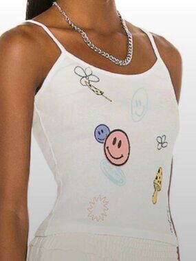 Daydreamer LA Smiley Doodles Ribbed Cami Tank White Boho Festival Mushroom XS